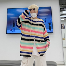 多巴胺开衫毛衣男女条纹连帽韩版2023秋冬新款ins针织衫MZ015-P50，男装针织衫/毛衣，星座412-3