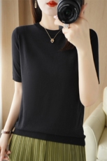 2024款羊毛针织短袖宽松T恤内搭毛衣打底衫秋季短款半袖上衣，女装T恤，春韵羊绒