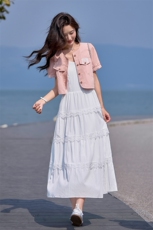 2025夏新品度假风蕾丝花边连衣裙+牛仔短袖两件套，女装套装/套裙，韩蔻秀