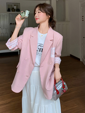 粉色蕾丝拼接西装外套女春秋2025新款爆款超火西服独特漂亮设计感，女装西装，素月