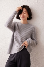 2024秋季新款纯色长袖坑条圆领慵懒风35%羊绒衫通勤百搭，女装羊绒衫，雪真羊绒高端店
