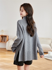 慵懒风高领毛衣女宽松中长款灰色针织羊毛衫秋冬2025加厚保暖内搭，女装羊毛衫，艾米