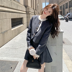 灰色木耳边小香风上衣百褶裙套装女秋季新款小个子甜美减龄两件套，女装套装/套裙，2B237