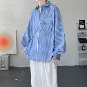 衬衫男秋季新款港风宽松大码立体口袋纯棉条纹长袖衬衣CS3099-P42图片