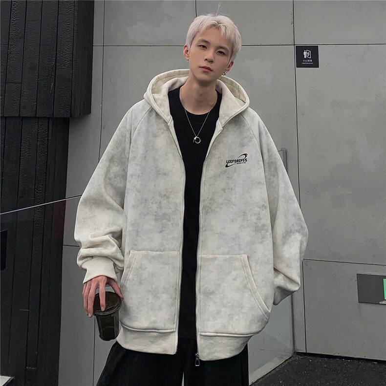 扎染连帽开衫男2025秋冬插肩袖复古做旧脏脏连帽拉链开衫JK92-P68,男装卫衣,电商C307