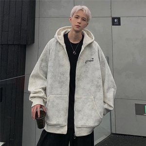 扎染连帽开衫男2025秋冬插肩袖复古做旧脏脏连帽拉链开衫JK92-P68图片