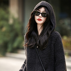 慵懒风纯羊毛颗粒绒拉链连帽开衫女外套2025秋冬新款厚实保暖上衣，女装针织衫/毛衣，片语羊绒