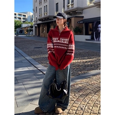美式复古费尔岛提花针织衫男女半拉链高领毛衣慵懒感宽松潮流外套，男装针织衫/毛衣，星座506A