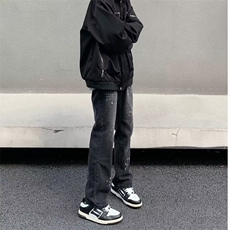 高街复古黑色牛仔裤男女印花泼墨阔腿宽松百搭直筒拖地裤子~N2030，男装牛仔裤，星座601-2