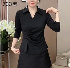 不规则衬衣领打底衫修身型长袖，女装T恤，思沃羊绒