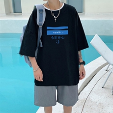 YT26033-P30亚麻短袖t恤男大码五分袖男宽松七分袖港风模特，男装T恤，电商A040