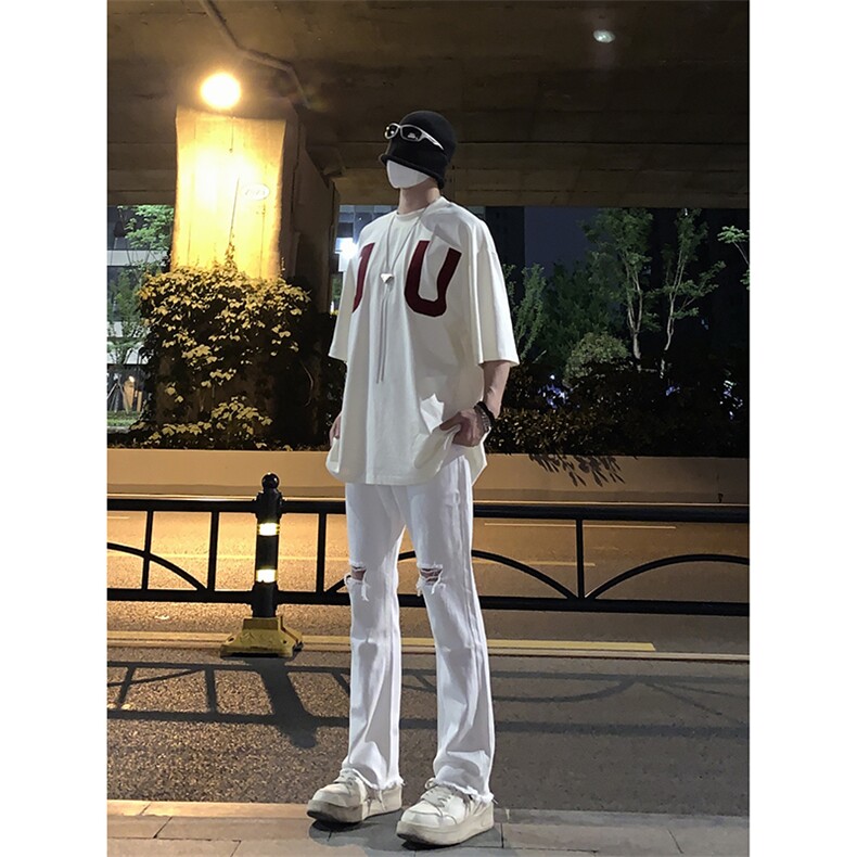B221美式ins高街简约小众设计毛边破洞牛仔裤LK23067-P60控78,男装牛仔裤,电商B221