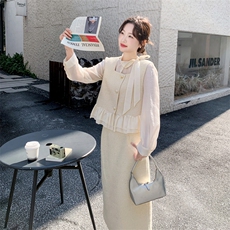 现货-2026年春季新款法式千金感蕾丝裙摆马甲半身裙三件套，女装套装/套裙，霓裳依族