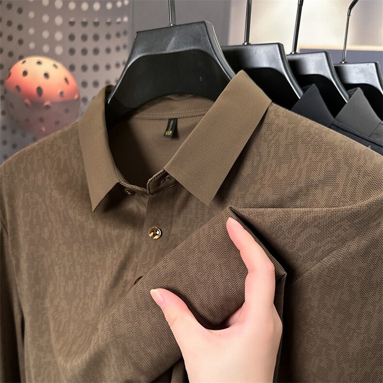 冰丝印花T恤男长袖春秋季新款中年男士Polo衫无痕衬衣翻领潮，男装Polo衫，电商B212（原钱塘6029）