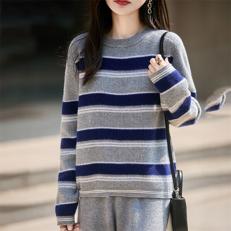 法式高端撞色条纹100纯羊毛针织开衫女2025新款长袖套头打底毛衣，女装羊毛衫，朝辰羊绒