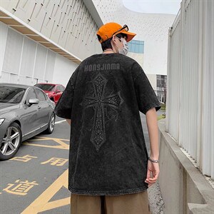 做旧黑暗T恤短袖oversize高街中性美式ins宽松上衣体恤TX313-p35图片