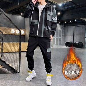 主推男士夹克套装加绒加厚保暖休闲运动工装两件套T808图片
