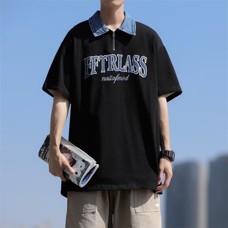 日系五分袖春夏季新款衬衫潮流慵懒男方领牛仔领棉衬衫W13P37,男装衬衫,星座1116-2