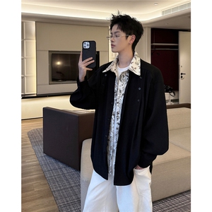 潮流休闲花卉印花领翻领假两件休闲长袖衬衫上衣男潮特P52图片