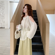 法式优雅高级感套装女2025秋季新款气质露肩上衣缎面半身裙两件套，女装连衣裙，2C123