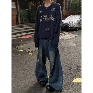 复古美式运动风毛衣男女宽松高级感徽章印花V领球服针织上衣外套图片