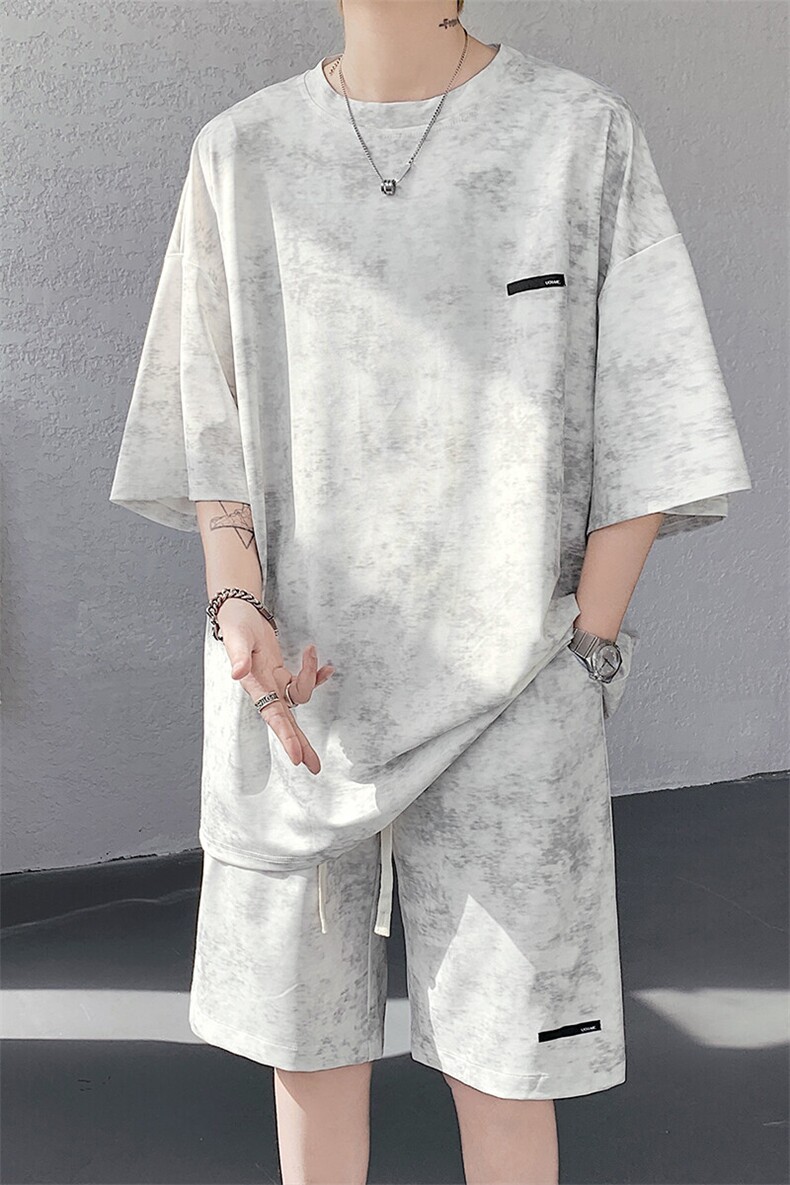 特批P55无差价2025夏季扎染港风高级感短袖T恤短裤两件套男TZ5358,男装牛仔裤,电商A001