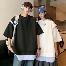 情侣装港风设计条纹衬衫拼接潮情侣短袖T恤上衣男G1052P45男，男装T恤，电商A339