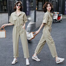 立领连衣裤2021夏装新款简约时尚百搭工装风抽绳收腰显瘦连体裤女，女装连体裤，辉之琳