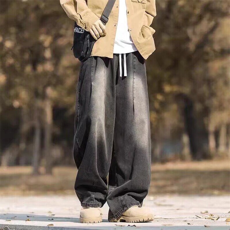 美式水洗牛仔裤男直筒高街秋冬季阔腿休闲裤大码潮牌青少年裤子图片