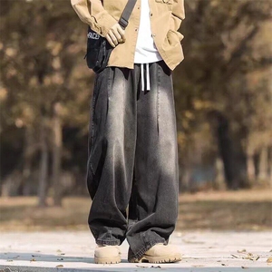 美式水洗牛仔裤男直筒高街秋冬季阔腿休闲裤大码潮牌青少年裤子图片
