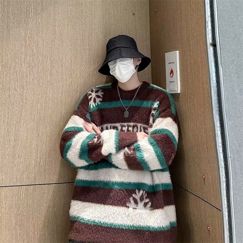 软糯温柔粉色条纹慵懒风毛衣男女宽松复古ins甜辣针织衫M5673,男装针织衫/毛衣,星座1116A-1（原606A）