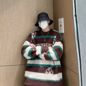 软糯温柔粉色条纹慵懒风毛衣男女宽松复古ins甜辣针织衫 M5673图片