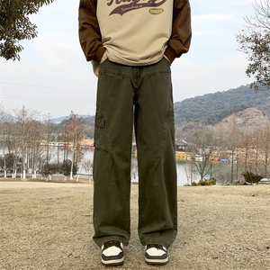 复古水洗阔腿纯棉工装伐木裤男女潮牌直筒宽松休闲裤子图片