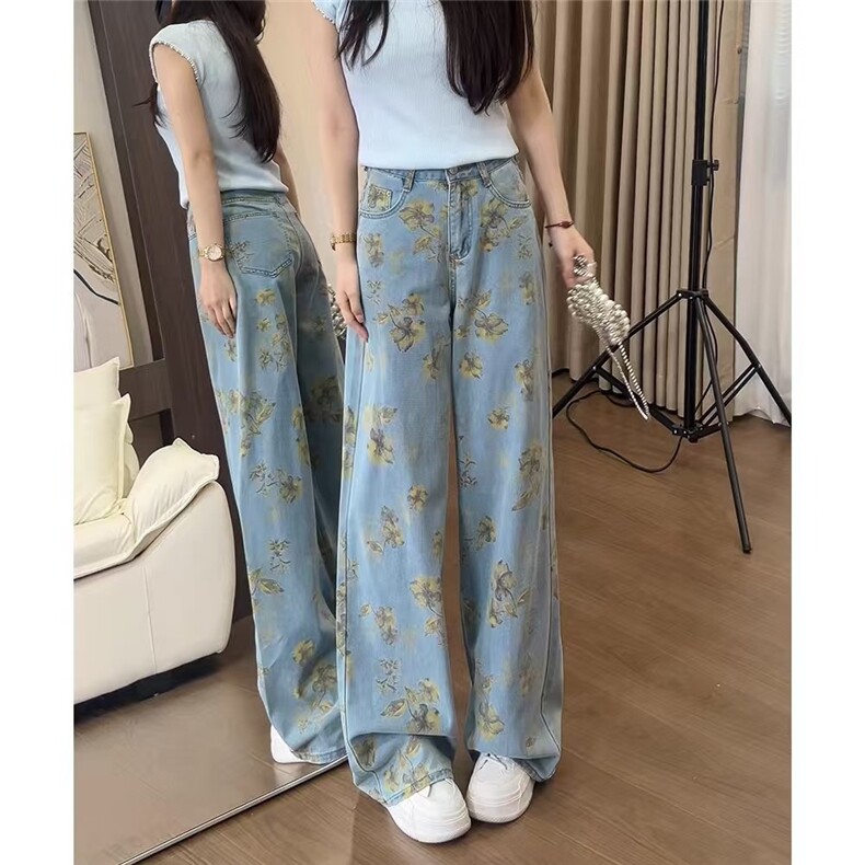 黄碎花直筒牛仔裤女夏季薄款2025年新款显瘦阔腿宽松设计感裤子女,男装牛仔裤,星座1210-1