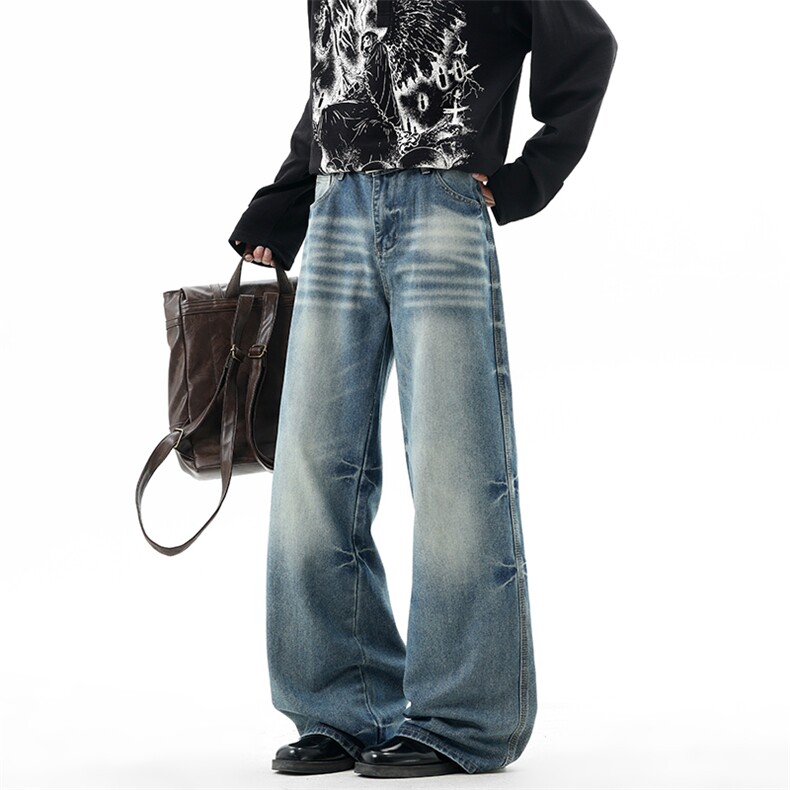 【现货】XZ1218BKN009特价P54美式做旧猫须宽松直筒阔腿牛仔裤，男装牛仔裤，星座1218（原611-3）