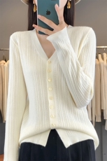 红色流行色系复古红秋季新款针织开衫薄款V领毛衣外套上衣，女装针织衫/毛衣，佳绒包芯纱店