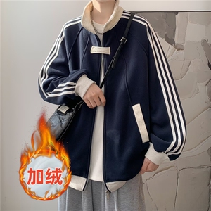 美式拼接休闲卫衣男春秋季新款重磅三条杠开衫上衣服潮牌翻领外套图片