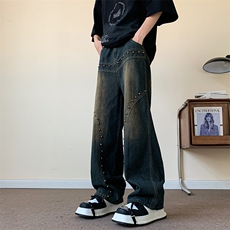 水洗复古牛仔裤美式潮牌宽松休闲阔腿微喇裤子，男装牛仔裤，星座410-7