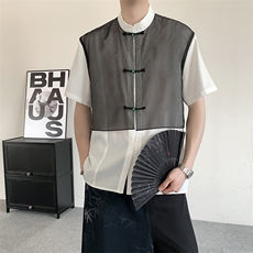 夏装2025新中式改良立领内搭衬衫男女网纱拼接风书法大码汉服，男装衬衫，星座909