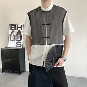 夏装2025新中式改良立领内搭衬衫男女网纱拼接风书法大码汉服图片