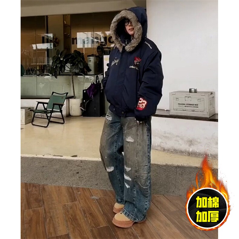 现货高品质美式高街重磅刺绣座山雕大毛毛领棉衣男女加厚棉服外套,男装棉衣,电商A443