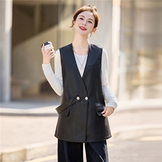 【春季女装新款】2026大量现货春季时尚百搭中长款皮衣马甲外套，女装皮衣，缘衣格