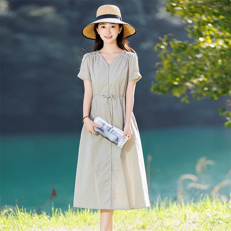 2026年春季优雅气质短袖亚麻棉城市通勤旅游沙滩聚会逛街，女装连衣裙，江南依恋