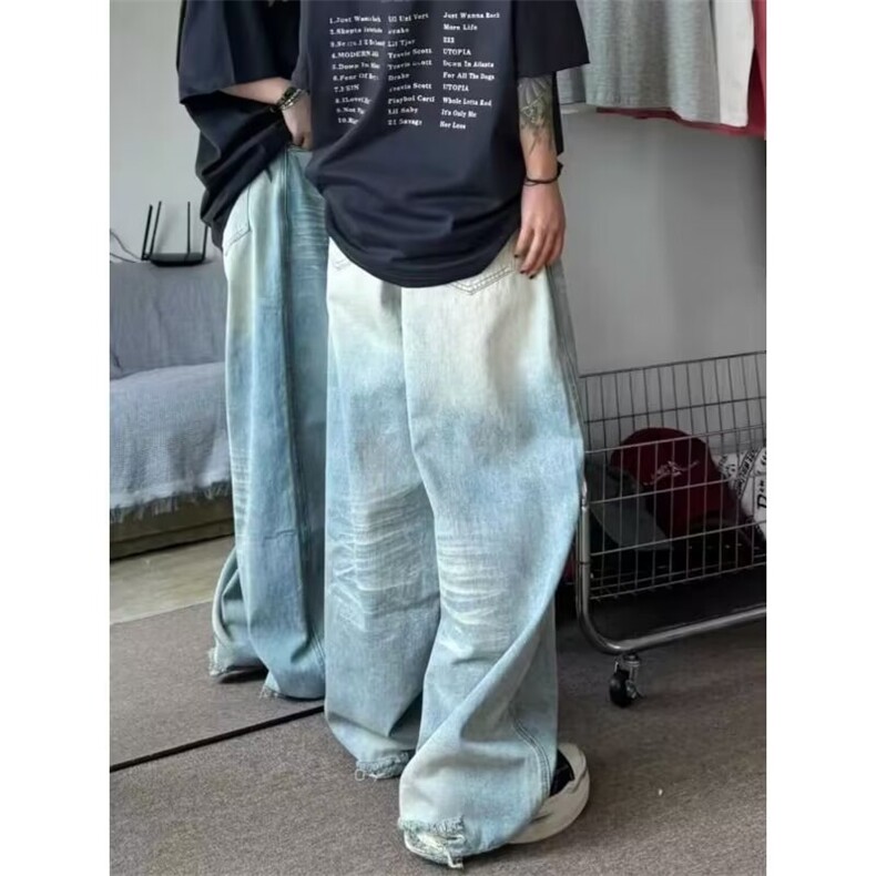 美式复古水波纹做旧牛仔裤风宽松直筒阔腿休闲长裤子XN7028,男装牛仔裤,星座208-5