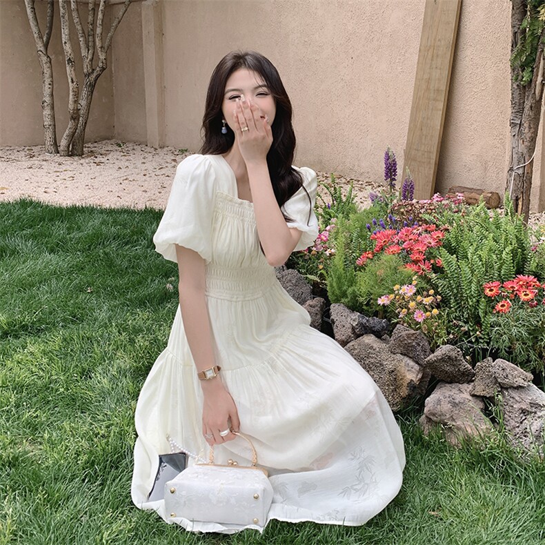 夏季新款法式甜美收腰显瘦连衣裙仙女气质白色长裙,女装连衣裙,帛锦泉