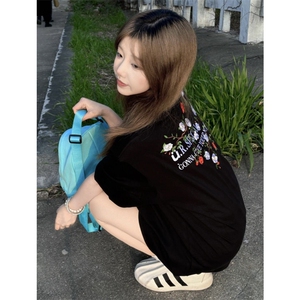 美式复古花卉刺绣t恤夏季新款宽松设计感小众休闲百搭上衣 TS05图片