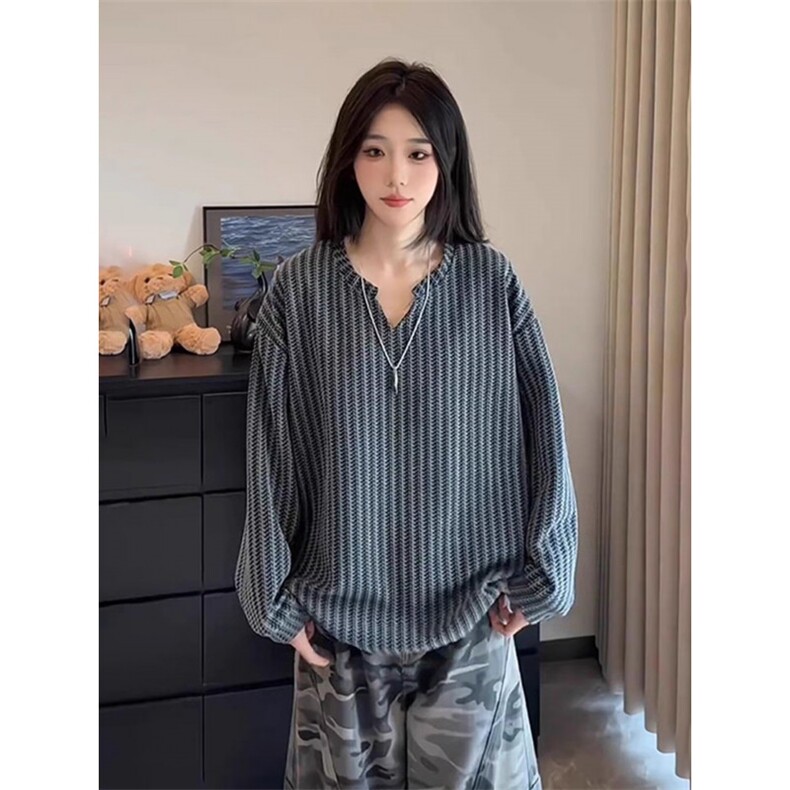 鱼骨纹针织polo衫卫衣男春秋重磅美式cleanfit潮流宽松V领打底衫,男装T恤,星座1008