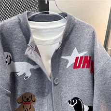 美式趣味小狗卡通灰色圆领针织开衫女春秋情侣宽松慵懒风毛衣外套，男装针织衫/毛衣，星座302B-2