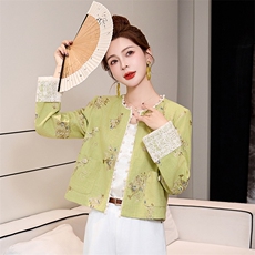 小香风外套女2025开春新款小个子超火新中式国风短款绿色刺绣上衣，女装短外套，布芭啦