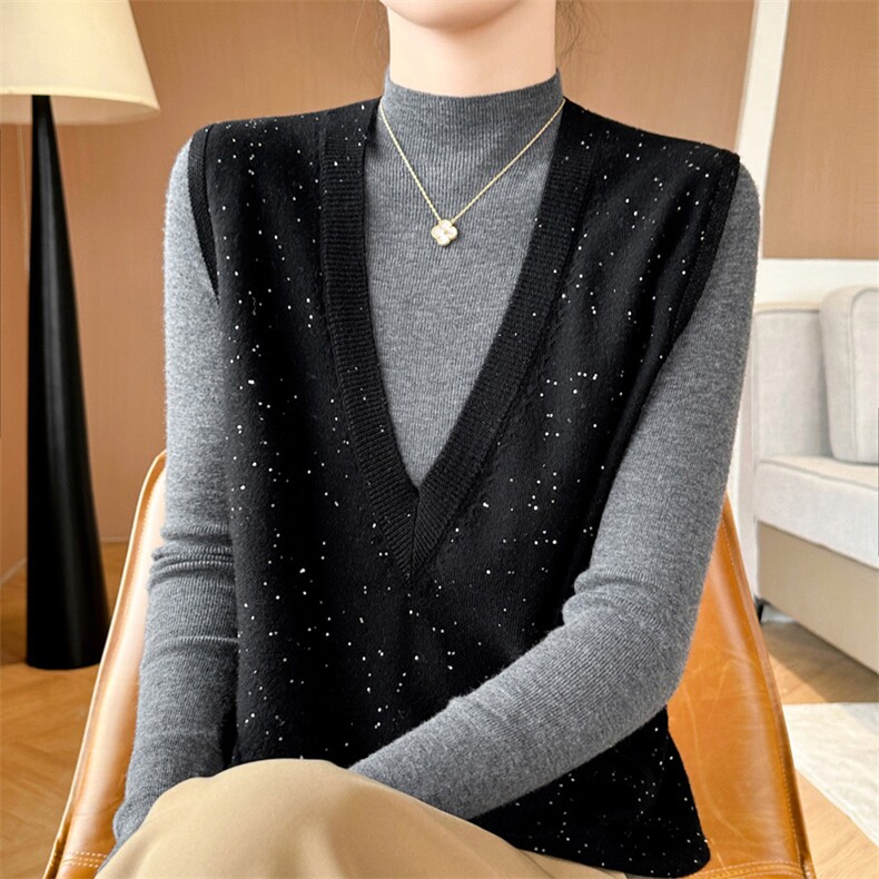 时尚百搭女士亮片羊毛马甲V领无袖针织背心外套春秋新款显瘦上衣,女装马甲,庆大羊绒